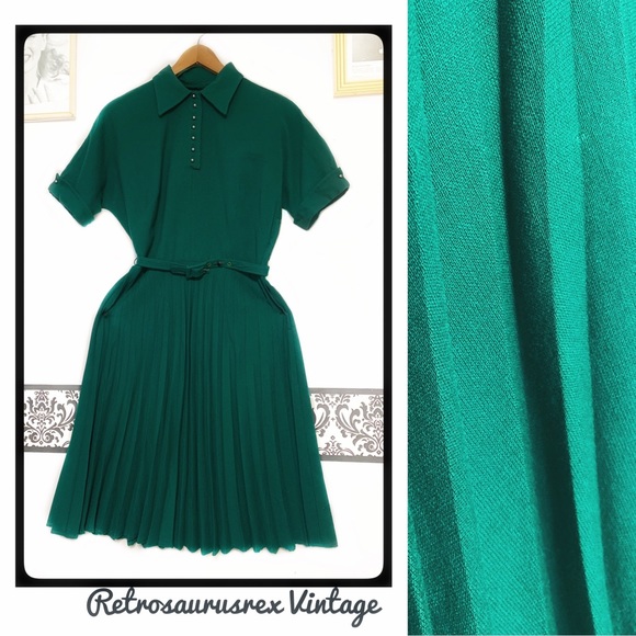 Vintage Dresses & Skirts - Vintage 1950’s Hunter Green Wool Pleated Dress Sm